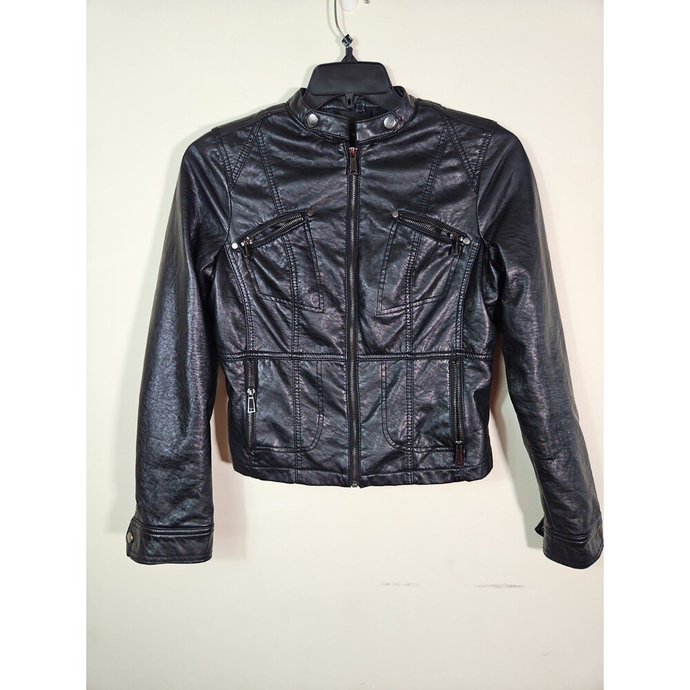 J2 Women's Black Faux Leather Zip Up Moto Biker Jacket  Size Small Soft